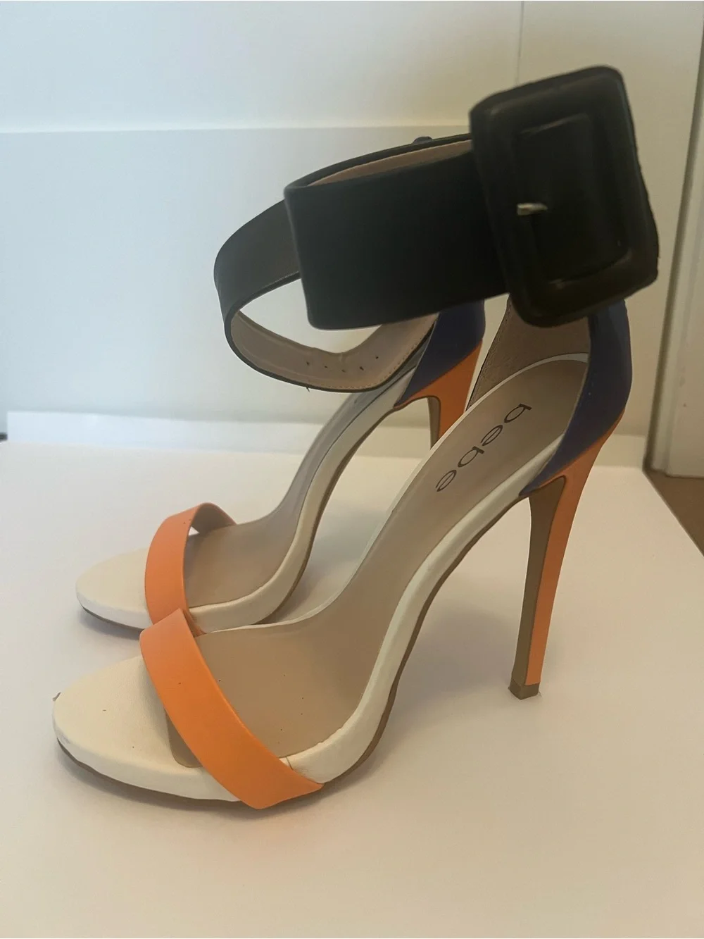 bebe Orange, Black and White Colorblock Stiletto Heels